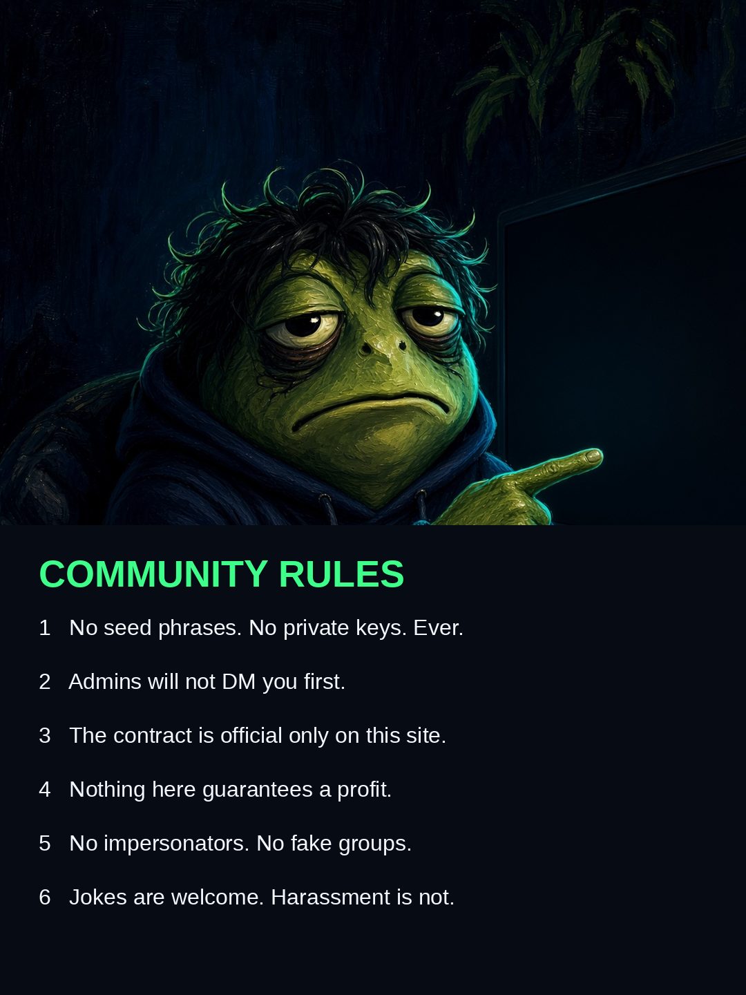 Community rules poster with the frog pointing at a monitor.