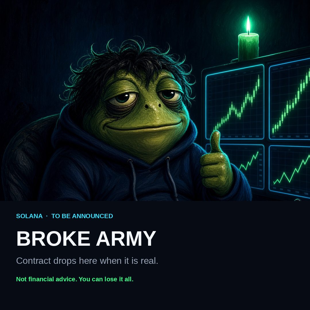 Launch card for Broke Army on Solana with the contract marked to be announced.