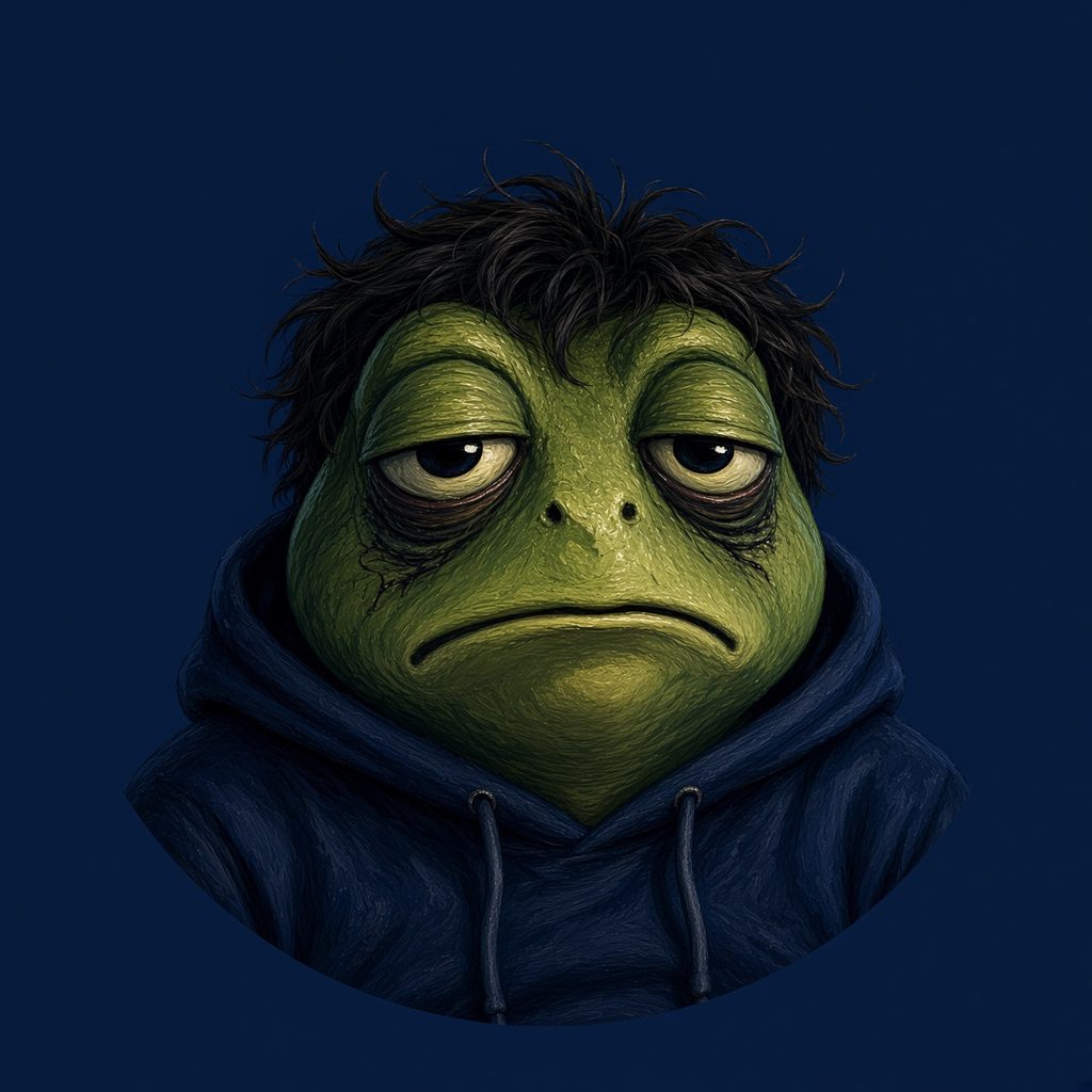 Broke Army profile logo, a tired green frog in a navy hoodie on a dark background.