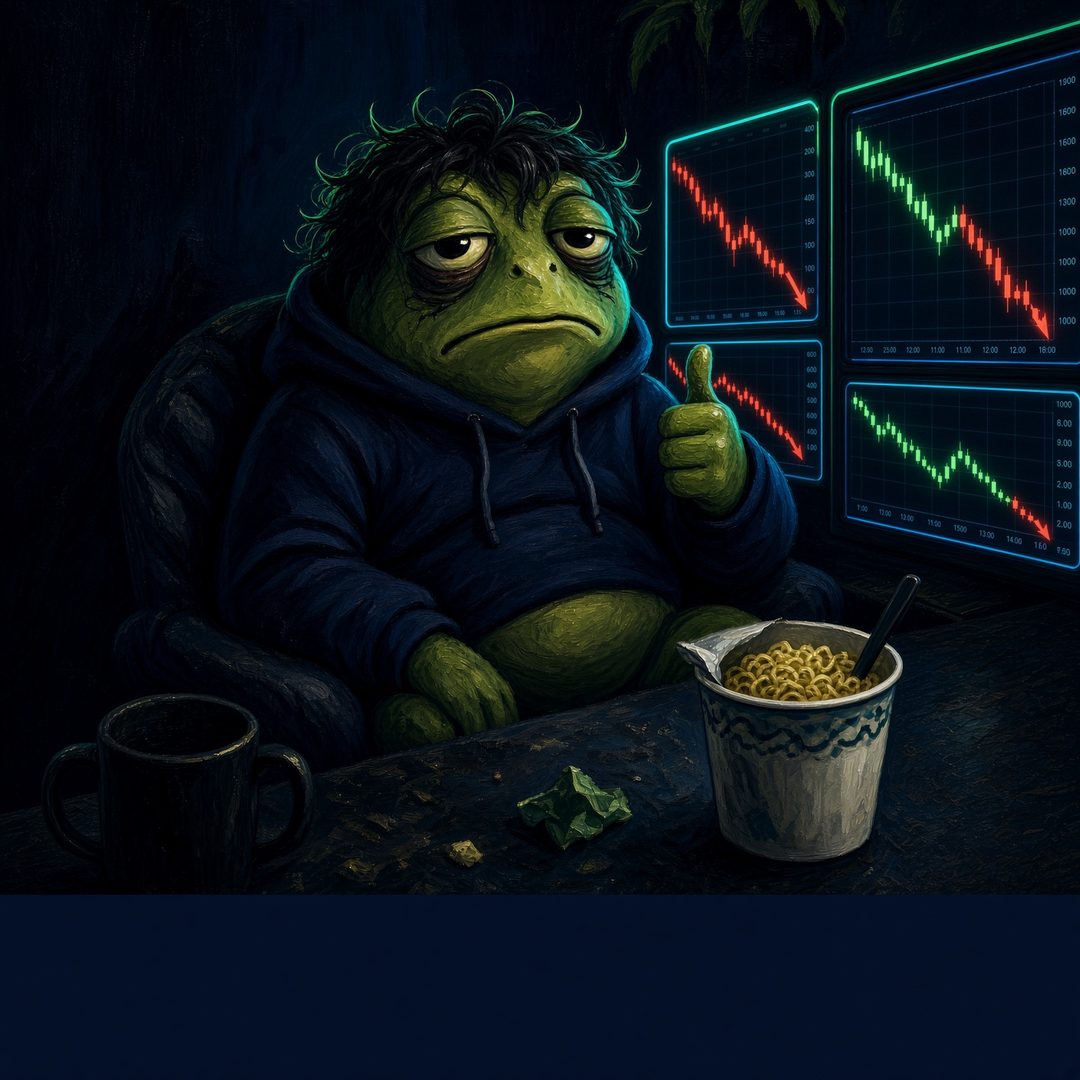 Meme template of the frog staring at a crashing chart at night.