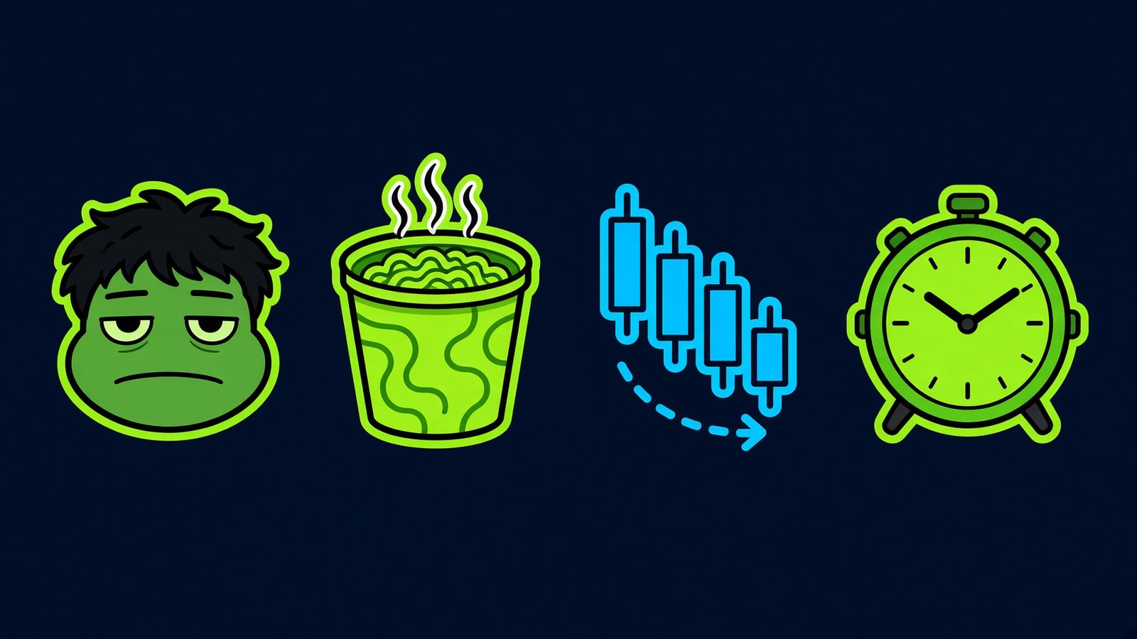 Four original Broke Army icons: frog, noodle cup, chart, and alarm clock.