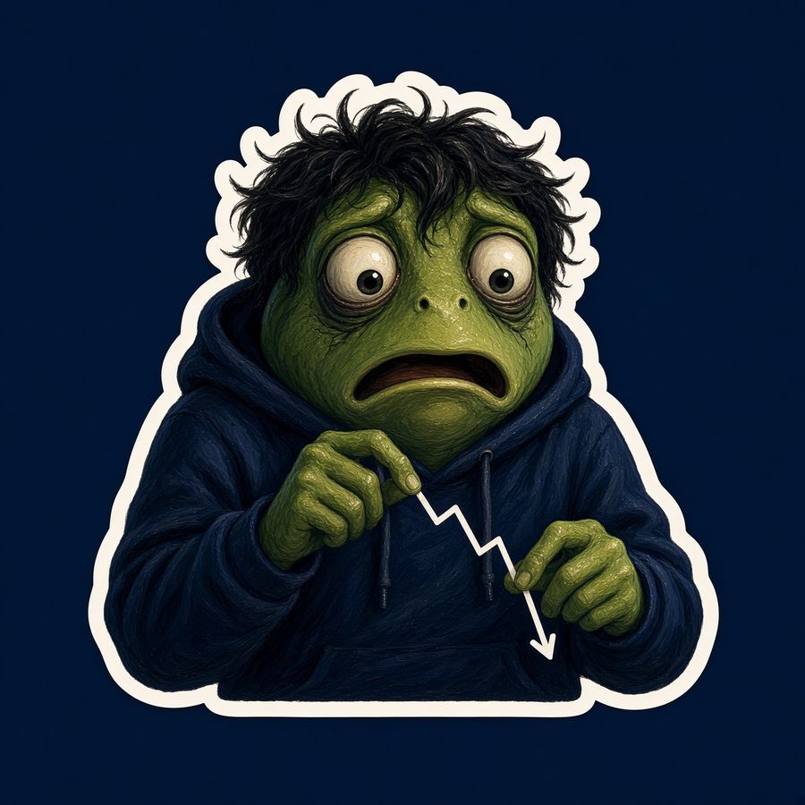 Sticker of the frog shocked at a tiny falling chart.