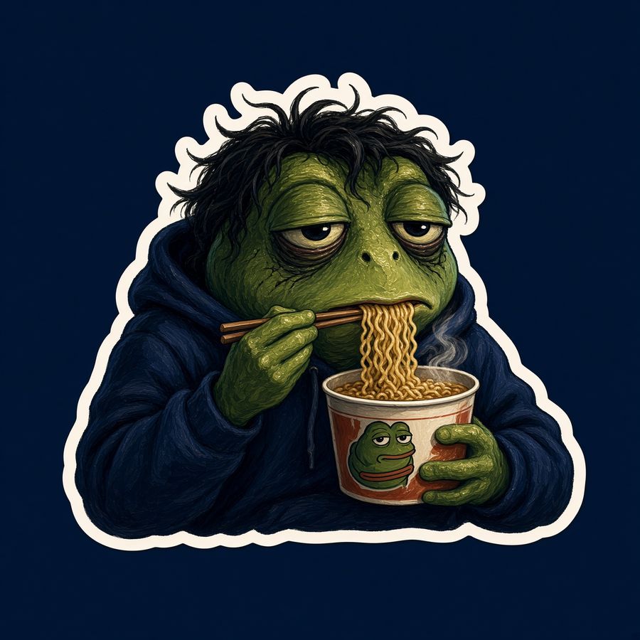 Sticker of the frog eating instant noodles.