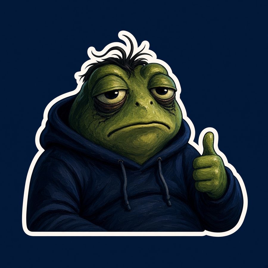 Sticker of the frog giving a tired thumbs-up.