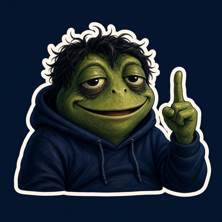 Sticker of the frog pointing up, exhausted but hopeful.