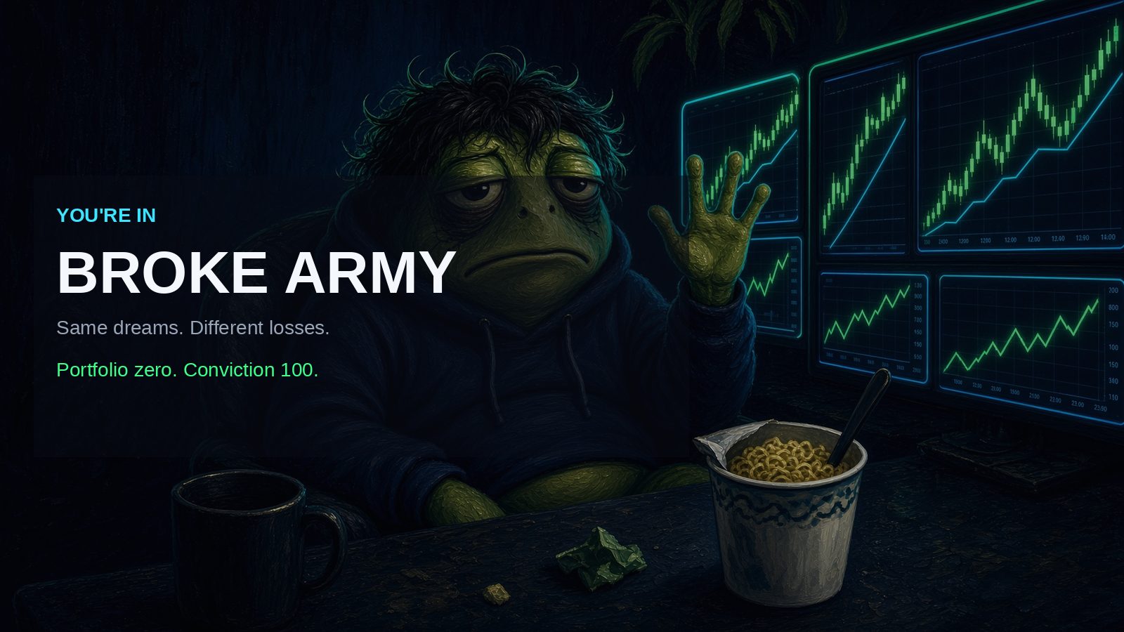 Welcome banner with the frog waving from his trading desk.