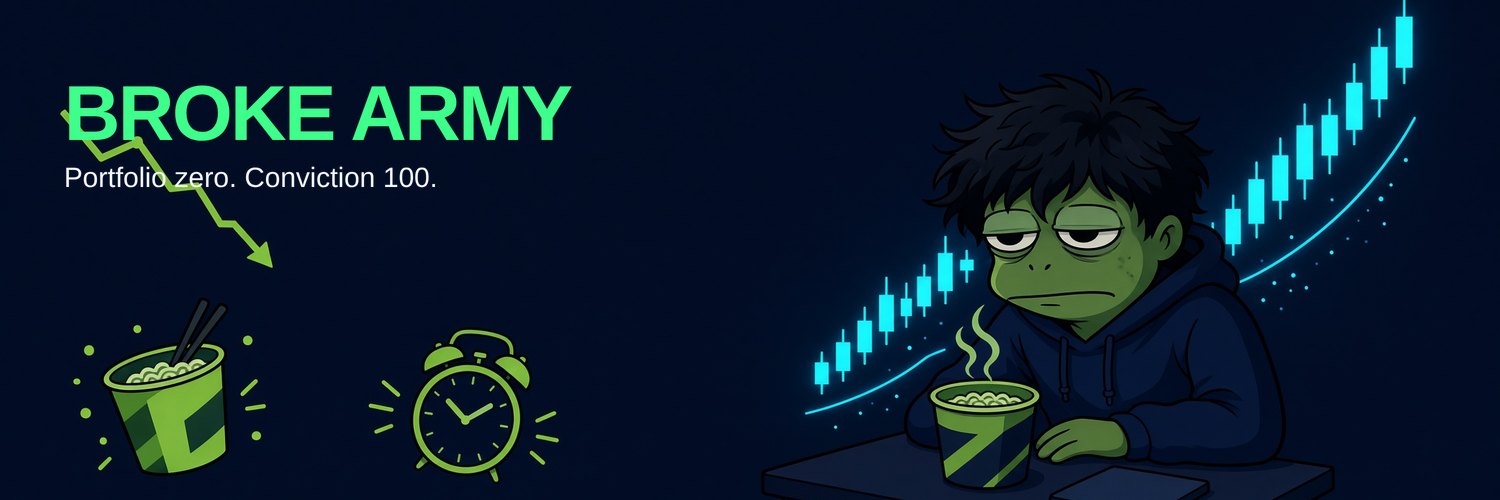 Wide X header with the Broke Army frog at a chart desk and the name along the bottom.