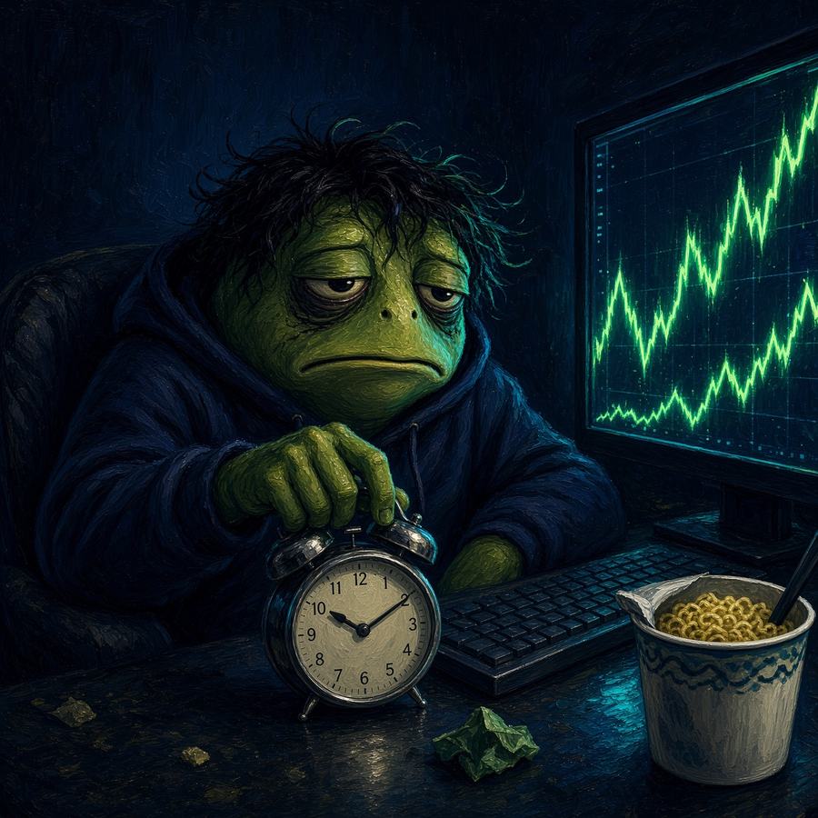 Exhausted frog setting a small alarm clock beside the keyboard at his trading desk.