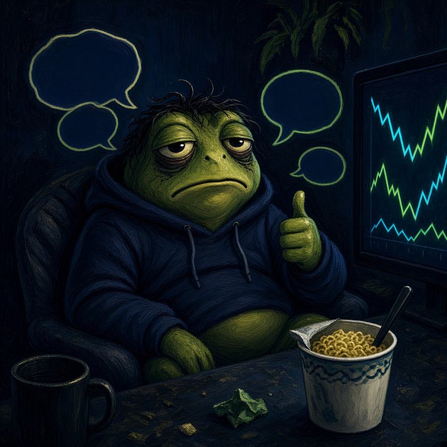 The frog back in the chair with a tired thumbs-up, noodles and charts still on the desk.