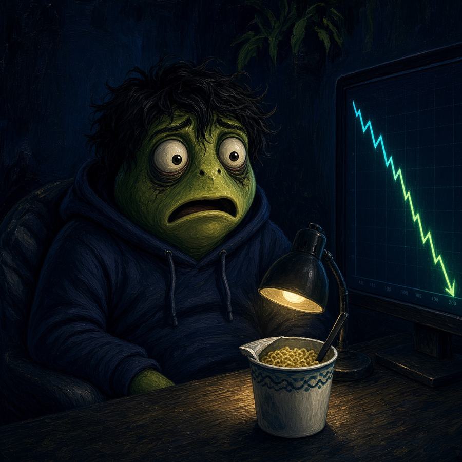 The same frog staring in shock as the chart crashes, noodles still on the dark desk.