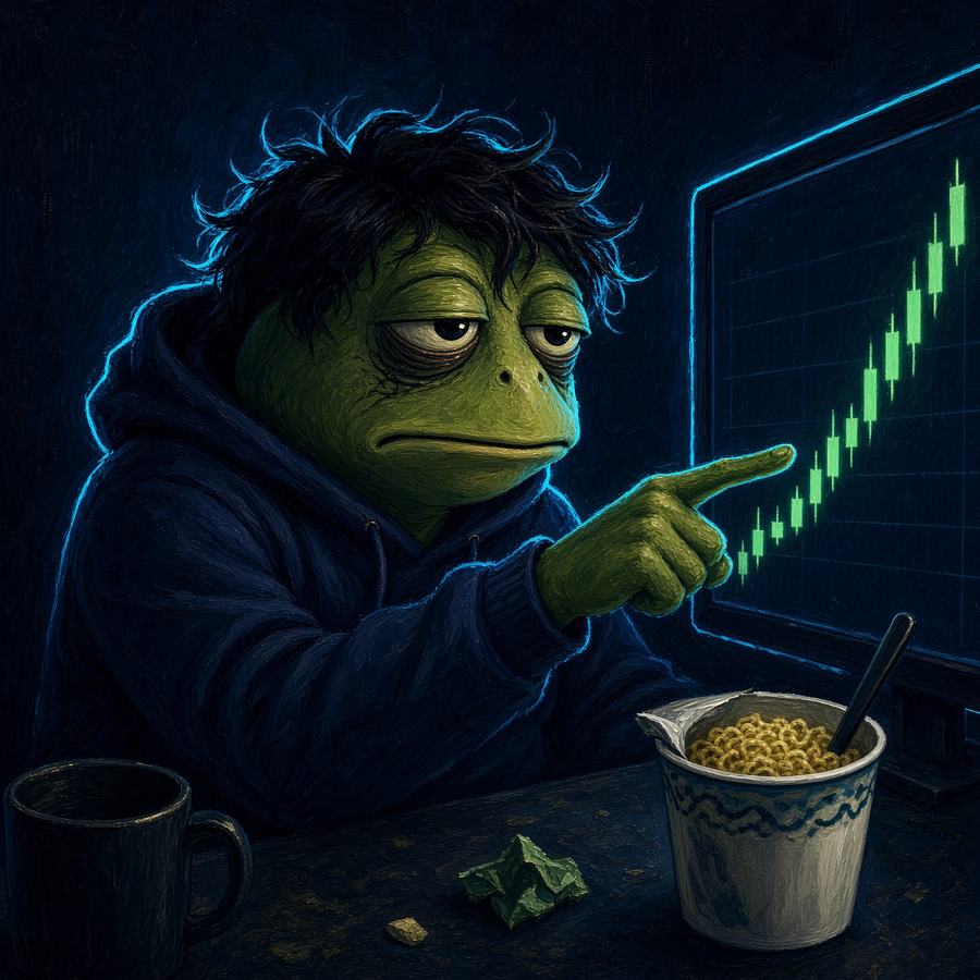 The Broke Army frog, hopeful for once, pointing at a rising green chart beside an untouched cup of noodles.