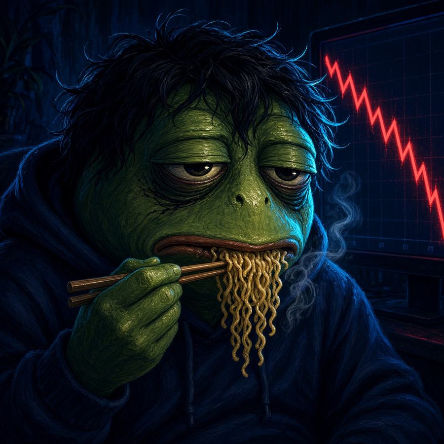 Close view of the frog eating instant noodles while a falling chart glows behind him.