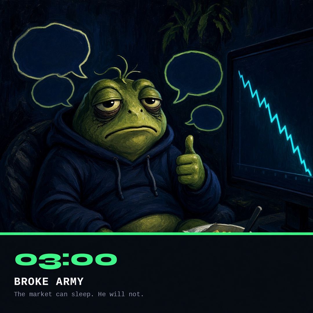 Sleepy frog trader in a navy hoodie giving a tired thumbs-up beside a falling cyan chart at 3 AM.
