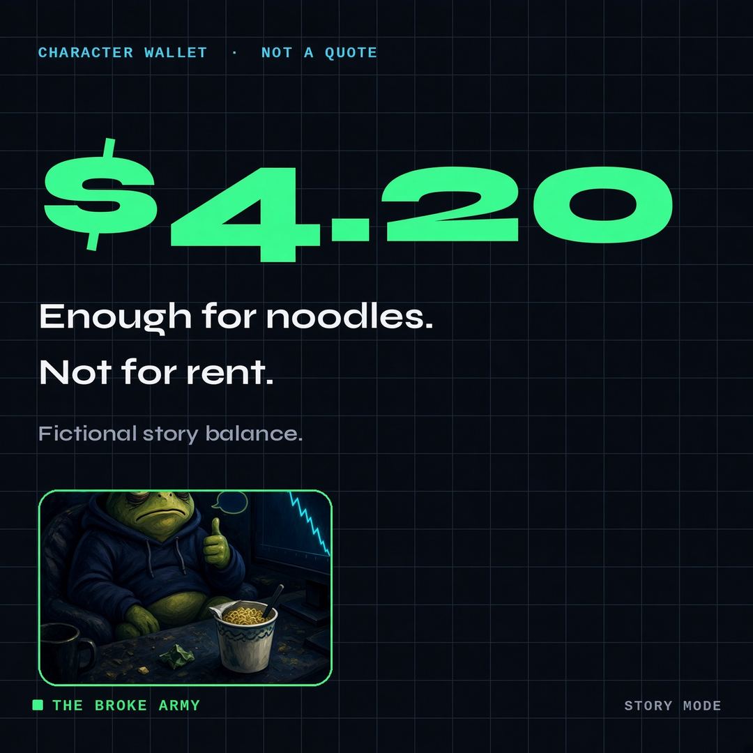Poster with a giant fictional $4.20 character balance and a small painting of the frog at his noodle desk.