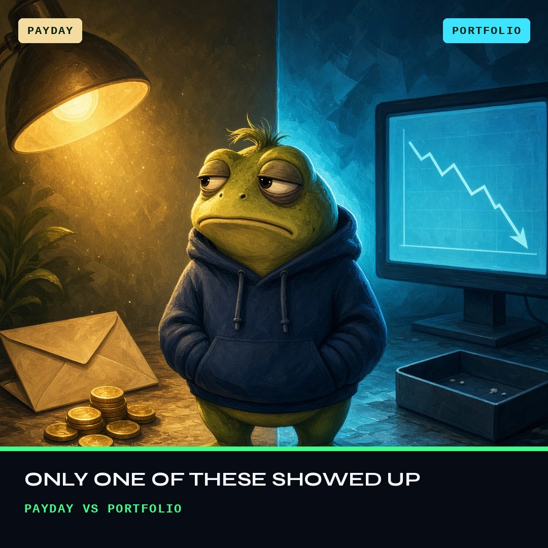 Frog trader standing between a warm payday lamp with coins and a cold monitor showing a falling chart.