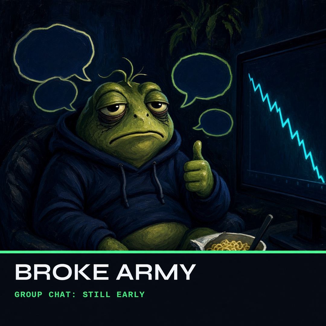 Tired frog trader thumbs-up in front of a crashing chart while blank chat bubbles hover nearby.